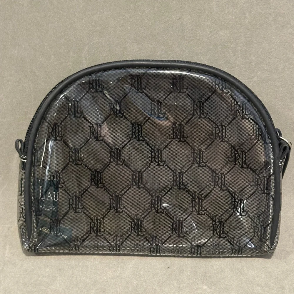 Lauren Ralph Lauren Clear RLL Monogram Cosmetic Bag Black Mesh Makeup Pouch Dome